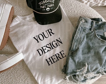 Gildan 5000 White Lifestyle T-Shirt Mockup - Aesthetic Flat Lay Trendy Mockup - Modern Mockup