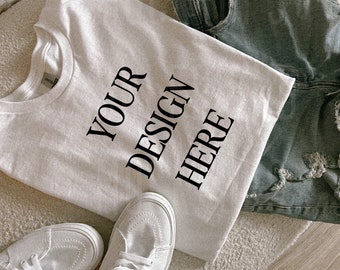 Gildan 5000 White Lifestyle T-Shirt Mockup - Aesthetic Flat Lay Trendy Mockup - Modern Mockup
