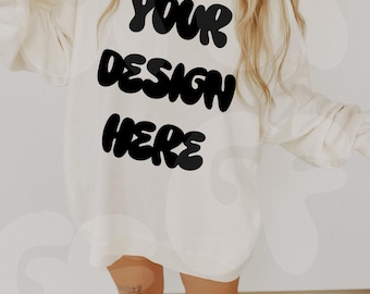 Gildan 18000 G180 White Sweatshirt Mockup - Lifestyle Model Boho Oversized Mockup - Trendy Aesthetic Mock