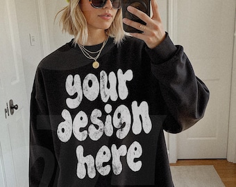 Gildan 18000 G180 Black Sweatshirt Mockup - Lifestyle Model Oversized Mockup - Trendy Aesthetic Mock