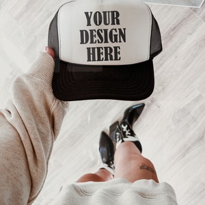 Otto Foam Trucker Hat 39-165 Mockup Black and White - Trucker Mockup - Lifestyle Trucker Hat Mockup - Trendy y2k Aesthetic Mock - Moody Mock