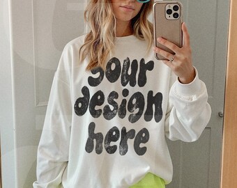 Gildan 18000 G180 White Sweatshirt Mockup - Lifestyle Model Oversized Mockup - Trendy Aesthetic Mock