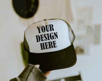 Otto Foam Trucker Hat Mockup Blanco y Negro - Spring summer Mockup - Estilo de vida Trucker Hat Mockup - Trendy y2k Aesthetic Mock - Moody Mock