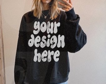 Gildan 18000 G180 Black Sweatshirt Mockup - Lifestyle Model Oversized Mockup - Trendy Aesthetic Mock
