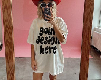 Comfort Colors Ivory C1717 Model Mockup - Oversized comfort colors mockup - Lifestyle Oversized Shirt mockup - Trendy y2k Valentines Mock