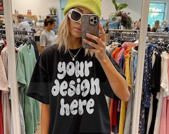 Comfort Colors Black C1717 Model Mockup - Oversized comfort colors mockup - Lifestyle Oversized Shirt mockup - Trendy y2k Mock
