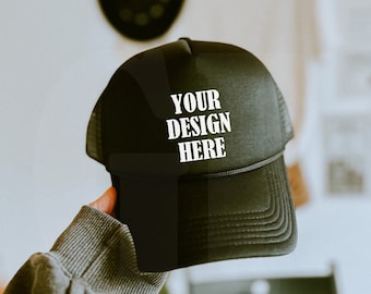 Otto Foam Trucker Hat Mockup Black - Spring summer Mockup - Estilo de vida Trucker Hat Mockup - Trendy y2k Aesthetic Mock - Moody Mock