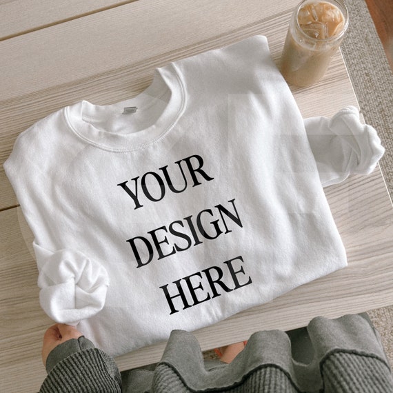 Gildan 18000 G185 White Sweatshirt Mockup - Lifestyle Folded Flatlay Mockup - Trendy Aesthetic Mock