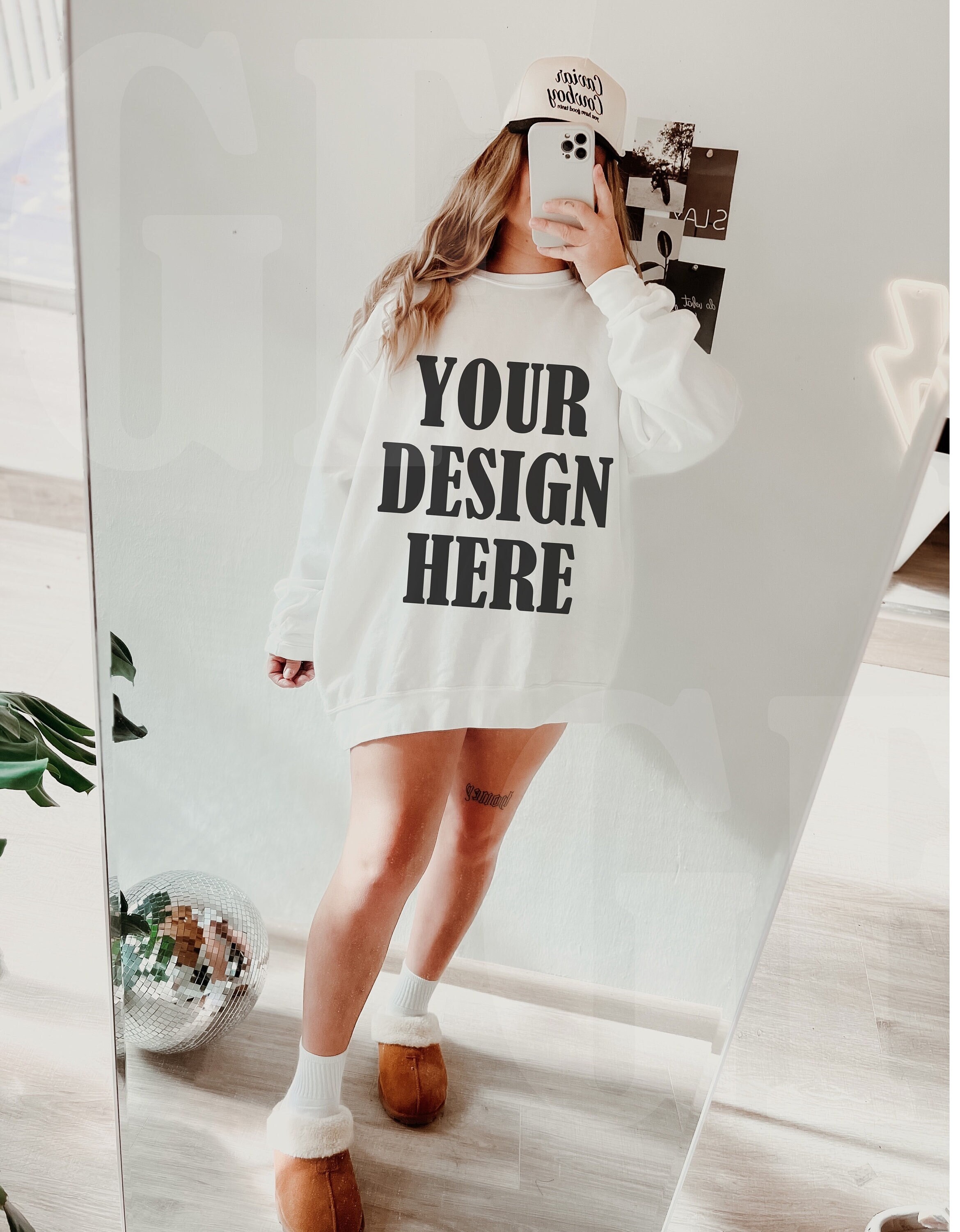 Gildan 18000 G180 White Sweatshirt Mockup - Lifestyle Model Boho Oversized Mockup - Trendy Aesthetic Mock