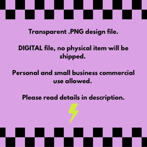 Puede incluir: Un archivo de dise&ntilde;o digital .PNG transparente. La imagen presenta un fondo lavanda con un borde a cuadros blanco y negro. El texto indica que es un archivo digital, no se enviar&aacute; ning&uacute;n art&iacute;culo f&iacute;sico y se permite el uso personal y comercial.
