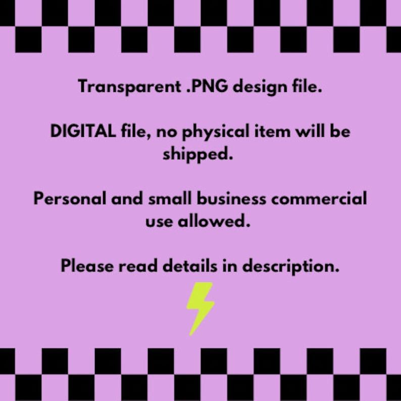 Puede incluir: Un archivo de dise&ntilde;o digital .PNG transparente. La imagen presenta un fondo lavanda con un borde a cuadros blanco y negro. El texto indica que es un archivo digital, no se enviar&aacute; ning&uacute;n art&iacute;culo f&iacute;sico y se permite el uso personal y comercial.