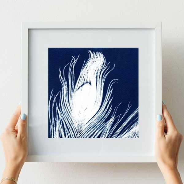 Peacock Feather Art, Fine Art Print, Cyanotype Print, Cyanotype, Feathers, Nature Print, Cyan Art, 8x8 Print, Artwork, Art to Frame