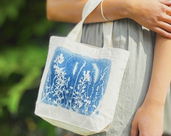 Small Canvas Tote, Tote Bag, Makeup Bag, Cyanotype Tote Bag, Gift Bag, Cyanotype, Nature Lover, Botanical Tote, Flower Tote Bag