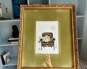 HAND DRAWN Watercolor Vintage Framed Pet Art “Beagle #3” , Wall Decor