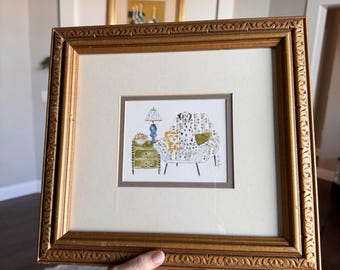 HAND DRAWN Watercolor Vintage Framed Pet Art “ Dalmatian “, Wall decor