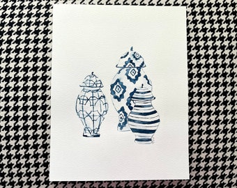 Hand drawn Blue and White Ginger Jars , Chinoserie art, Watercolor Grandmillenial Style Painting