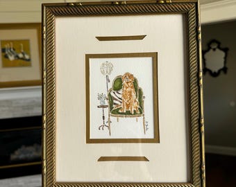 HAND DRAWN Watercolor Vintage Wooden Framed Pet Art “ Golden Retriever “, Pet portraits