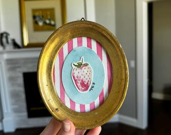 Hand drawn Watercolor Mini Vintage Framed Art “ STRAWBERRY” , Wall Decor