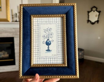 HAND DRAWN Watercolor Framed Art “Blue and White Tulips” , Wall Decor