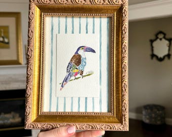 HAND DRAWN Watercolor Vintage Framed Art “Black-billed Mountain Toucan” , Wall decor