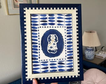 Hand drawn Framed Staffordshire Spaniel Dog Painting, Blue and White Art, Grandmillenial Style Paint