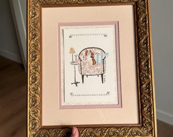 HAND DRAWN Watercolor Vintage  Framed Art “Cavalier King Charles Spaniel”, Wall Decor