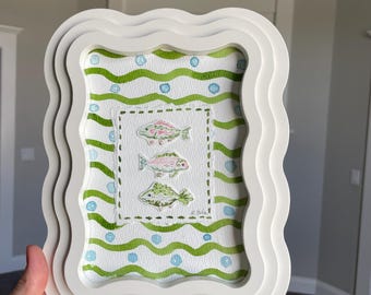 HAND DRAWN Framed Watercolor Art “ 3 Fish on strips “ , Wall Decor
