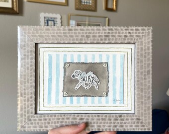 Hand drawn Watercolor Framed Painting “Zebra with ribbon”