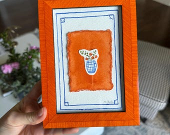 HAND DRAWN Watercolor Framed Art “Orange flowers in a vase “