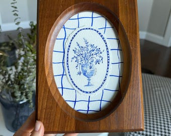 HAND DRAWN Watercolor Vintage Framed Art “ Blue and White Flowers in a vase” , Grandmillenial style art