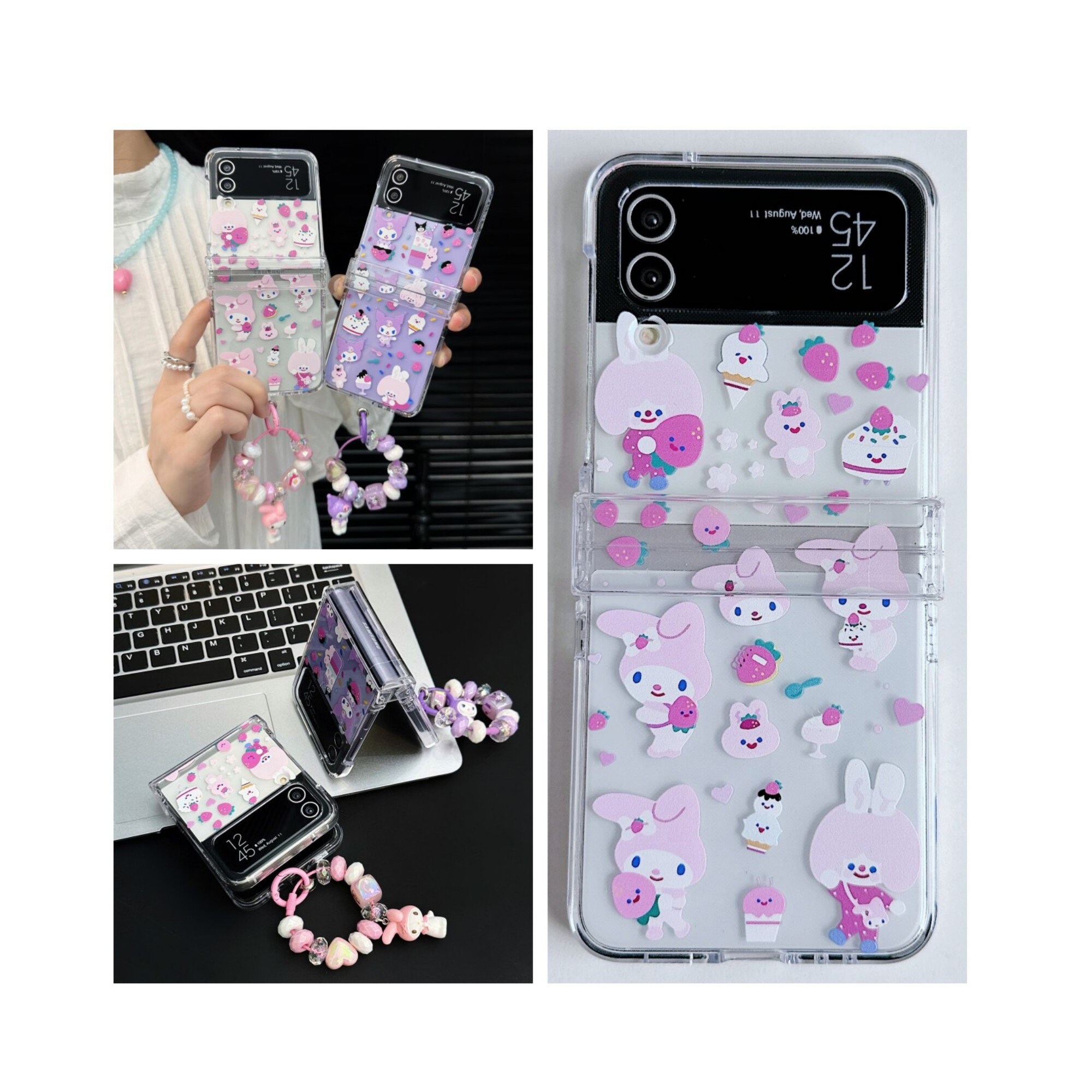 Korean Cute Rabbit Bear Phone Case For Samsung Galaxy Z Flip 5 4 3 Flip5  Flip3 Flip4 5G Cover with Chain Cartoon Hinge Cases