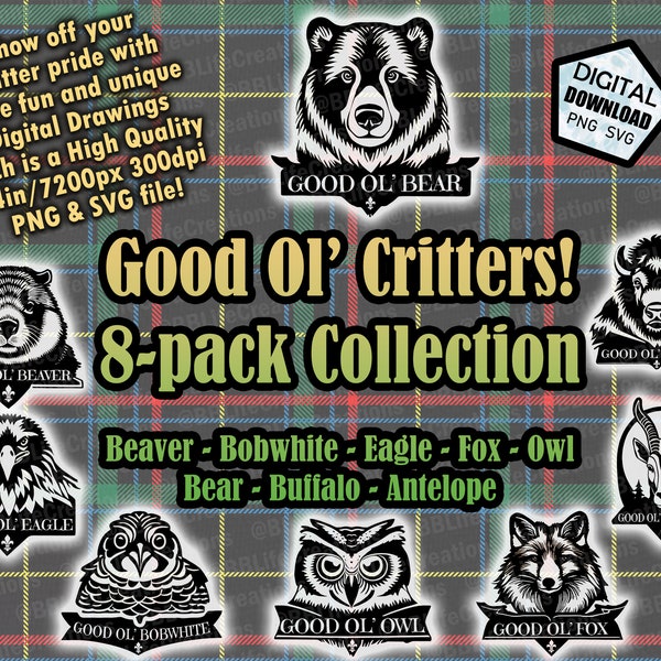 Good Ol' Critter 8-pack PNG/SVG Digital Download - Set of Beaver, Bobwhite, Eagle, Fox, Owl, Bear, Buffalo, and Antelope Wood Badge Critters