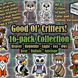 Good Ol' Critter Cartoon Drawing 16-pack PNG/SVG Digital Download - Set of Beaver, Bobwhite, Eagle, Fox, Owl, Bear, Buffalo, and Antelope!