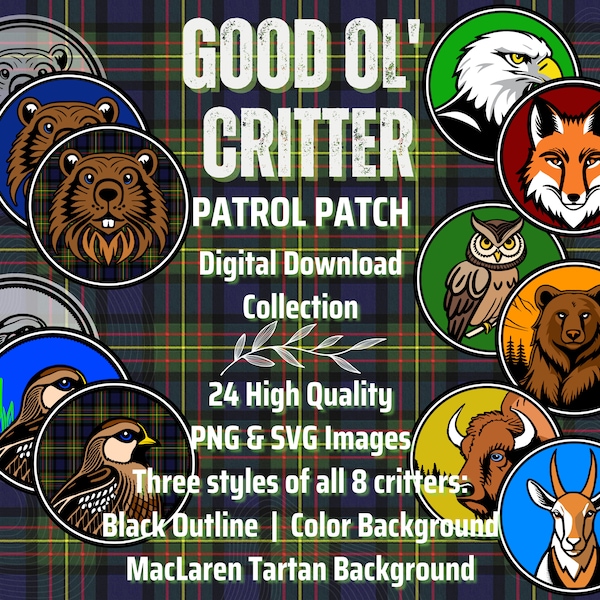 Good Ol' Critter Patrol Patch 24-pack PNG/SVG Digital Download - Wood Badge Beaver, Bobwhite, Eagle, Fox, Owl, Bear, Buffalo, and Antelope