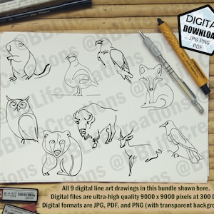 Good Ol' Critter Digital Line Art 9-Critter Bundle - Beaver, Bobwhite, Eagle, Fox, Owl, Bear, Buffalo, Antelope, and Raven