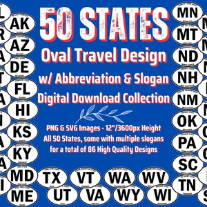 50 staten ovale reisstickercollectie PNG/SVG digitale download - 86 ontwerpen totaal - alle 50 staten met hun afkortingen en slogans.