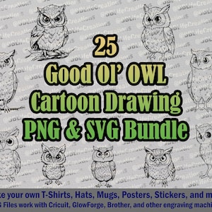 Bon vieux hibou dessin animé, paquet de 25 dessins en téléchargement numérique PNG et SVG - pour les amateurs de chouettes et les collectionneurs de créatures de badges en bois du monde entier !