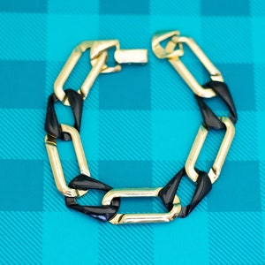 8 inch, Vintage Black & Gold Tone Geometric Links Bracelet - Z26