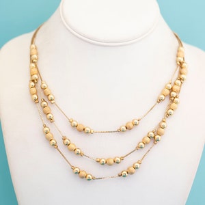 Vintage Gold Tone Triple Beads Multi Strand Necklace 18 inch - Z6