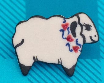 Vintage Ceramic Silver Tone Adorable Sheep Brooch - Z18