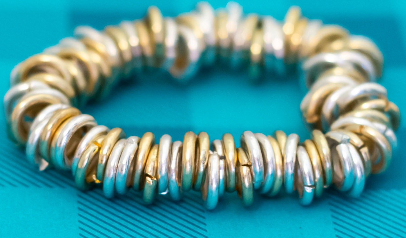 7 Inch, Vintage Intricate Two Tone Rings Beaded Bracelet 7 Inch, Vintage Intricate Two Tone Rings Beaded Bracelet