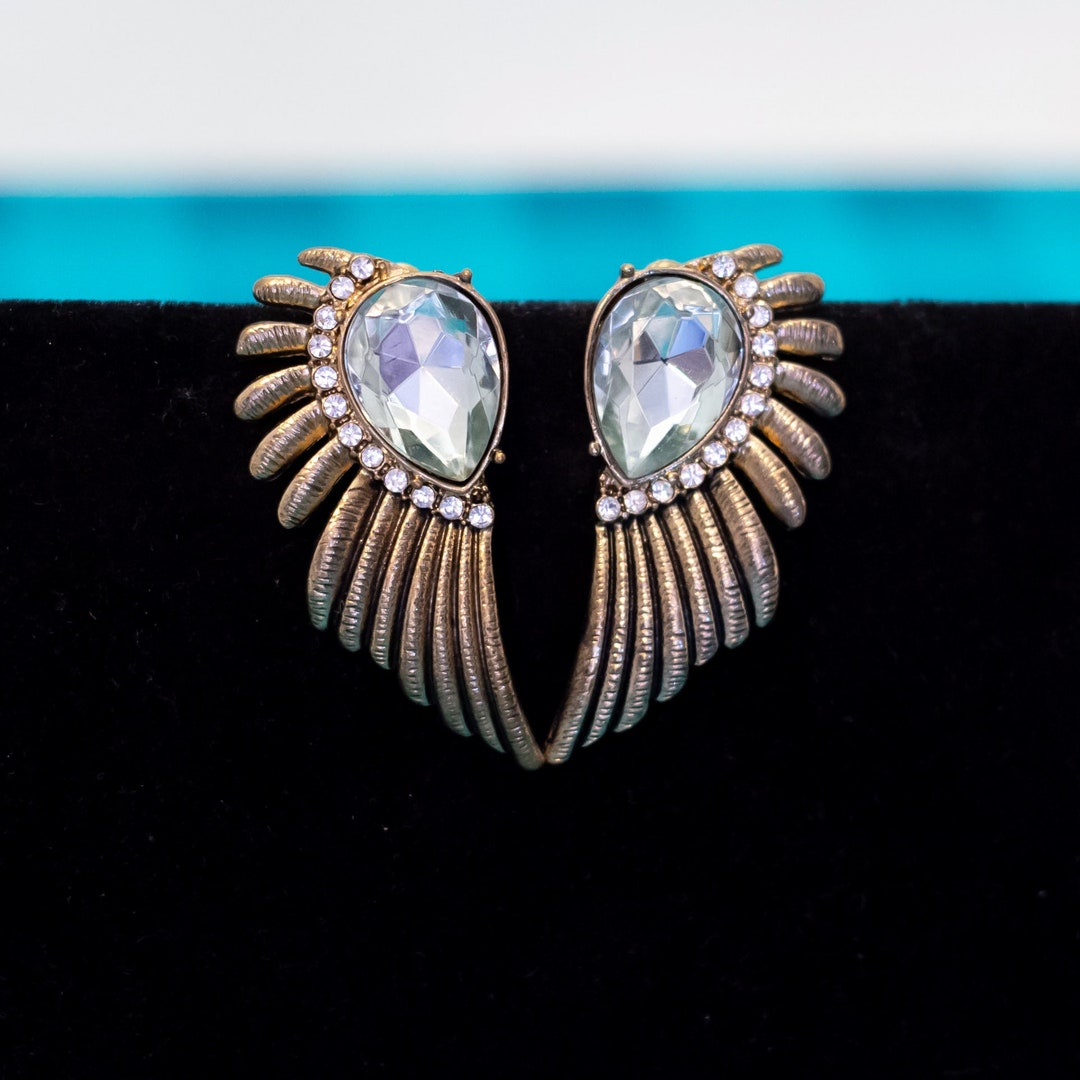 Vintage Angelic Wings Art Deco Teardrop Clear Gems Silver Tone Dangle ...