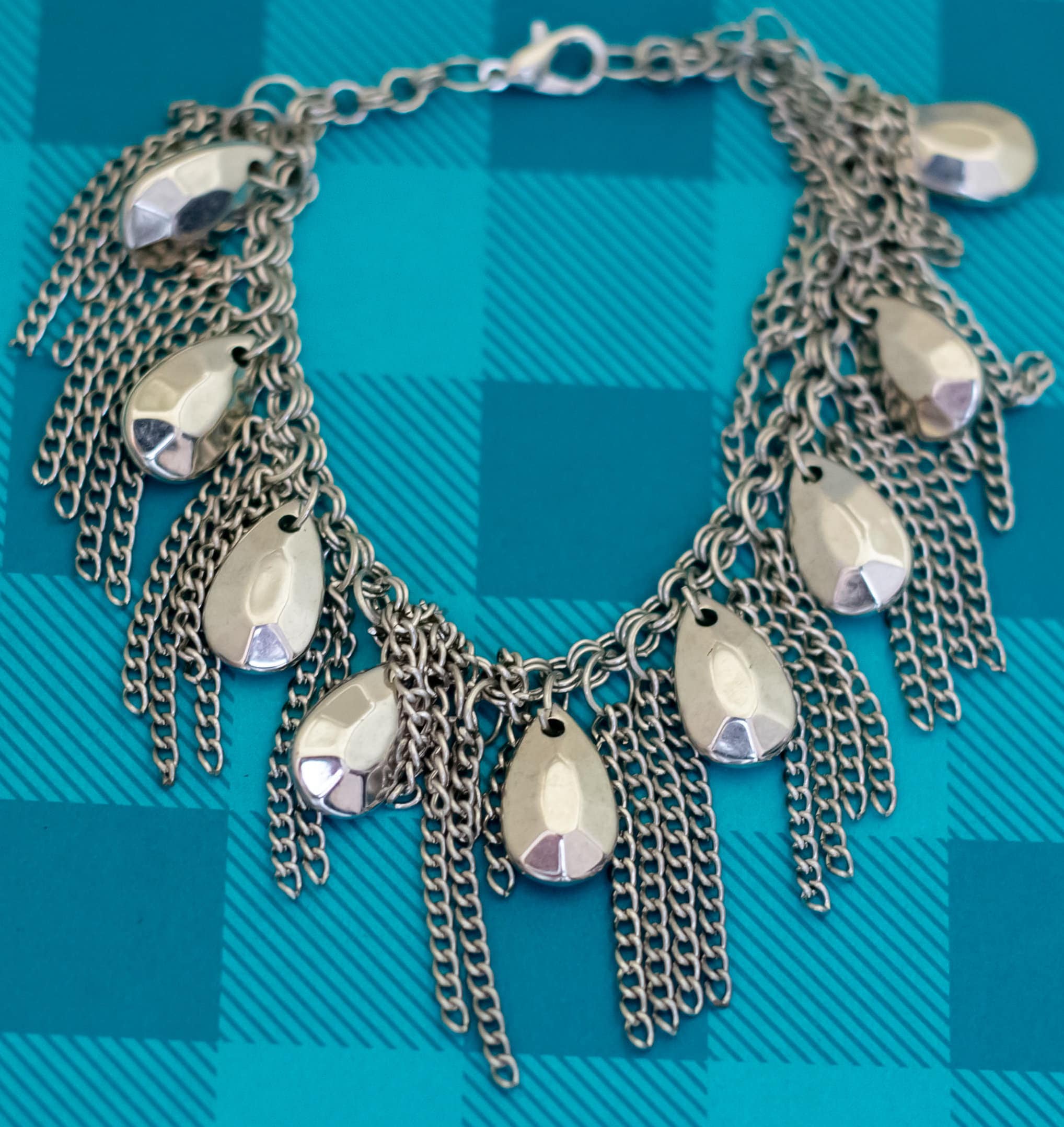 8 Inch, Vintage Teardrop Charms Silver Tone Multi Chain