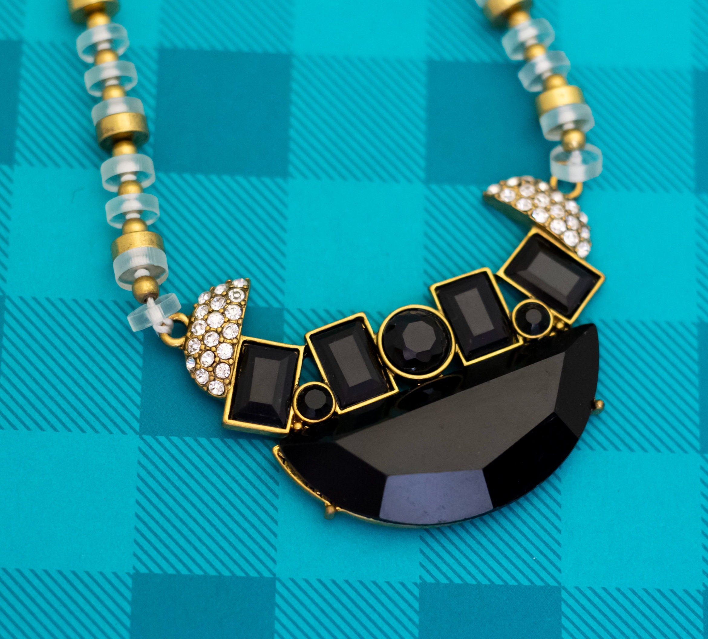 24 Inch, Vintage Geometric Black Gems Unique Gold Tone Bib