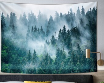 Abstract Green Mountains Tapestry, Foggy Gray Forest Landscape Wall Hanging Mysterious Nature Scenery Home Wall Decor for Living Bedroom