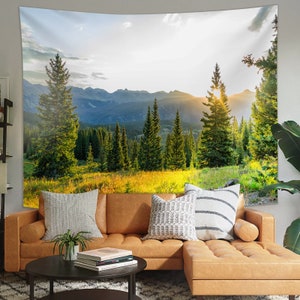 Sun and Forest Tapestry, Mountain Wall Hanging Landscape Nature Scenery Tree Background Home Wall Decor for Living Room Bedroom Gifts