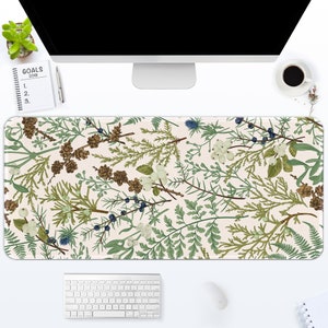 Botanical Desk Mat, Black Aesthetic Mouse Pads Vintage Berries Forest Green Plant Nature Large Cute Mousepad Office Desk Accessories Gifts