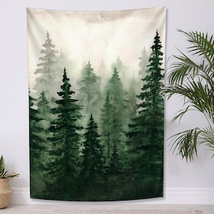 Watercolor Green Forest Tapestry, Fir Forest Landscape Wall Hanging Tapestry Nature Scenery Foggy Mountain Home Wall Decor for Living Room