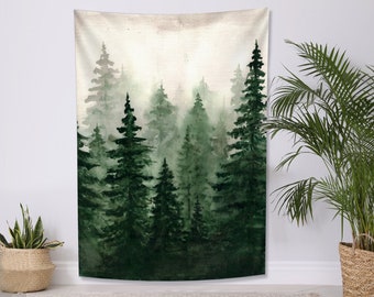 Watercolor Green Forest Tapestry, Fir Forest Landscape Wall Hanging Tapestry Nature Scenery Foggy Mountain Home Wall Decor for Living Room