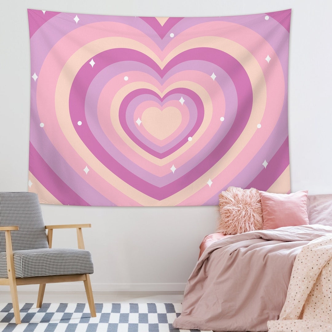 Cute Pink Aesthetic Tapestry, Pink Heart Tapestry 2001s Hippie Wall